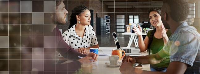 Canvas Print - Banner, brainstorming and group of creative business people in office meeting with space, ideas and proposal. Overlay, conversation and teamwork, men and women networking at tech startup together.