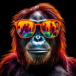 portrait of a gorgeous stylish trendy modern orangutan animal in stylish glasses. Black backgorund. Creative portrait in iridescent neon colors, concept photo in neon lighting