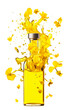 bottle of rapeseed oil and yellow rapeseed flowers, liquid spilling through the glass and oil splashing around. fresh healthy food element, isolated
