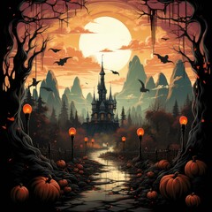 Illustration Design a haunted carnival poster featuring spooky rides and attractions