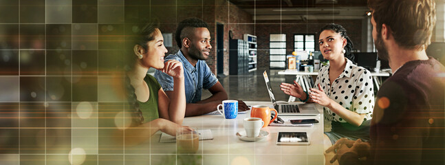 Poster - Banner, meeting with men and women in creative office with laptop, tablet and mockup space. Overlay, conversation and teamwork, group of young business people networking at tech startup together.