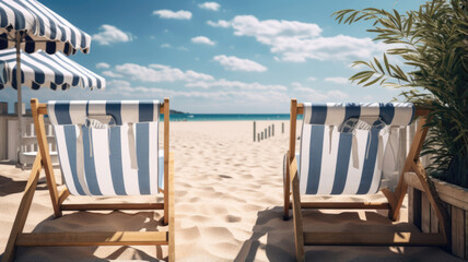 Sticker - Chairs on the sandy beach near the sea. Summer holiday and vacation concept for tourism.