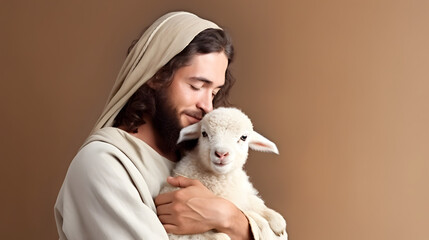 Canvas Print - Jesus recovered the lost sheep carrying it in arms. Biblical story conceptual theme.