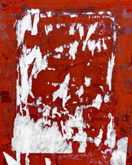 Wall Mural - White Torn Ripped Aged Paper Poster on the Red Wall Surface. Grunge Rough Dirty Background. Urban Collage Texture. 