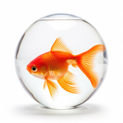 Wall Mural - Round aquarium with a goldfish on a white background