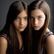 Dwie bliźniaczki brunetki nastolatki. Poważne twarze, ukazujące niepokój, obawę i pragnienie poczucia bezpieczeństwa.