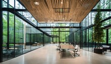 Eco-friendly Glass Office Featuring Sustainable Building With Green Environment And Trees