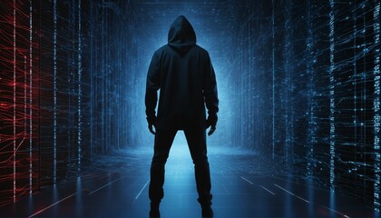 Sticker - Anonymous hacker in black hoodie with network of glowing data and intricate code