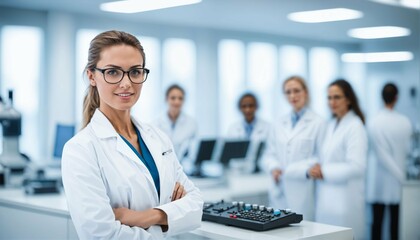 Canvas Print - Modern laboratory with team of medical specialists and beautiful young woman scientist in white coat and glasses copyspace