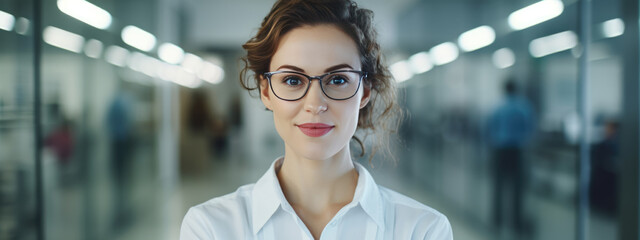 Portrait of a young female scientist against the backdrop of a modern laboratory