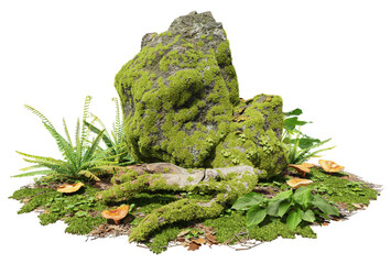 Cutout mossy rock surrounded by vegetation in the forest. Ancient boulder with moss isolated on transparent background. Mossy tree branch on the ground	
