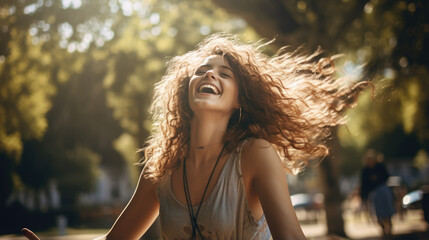 Canvas Print - Beautiful happy young woman with curly hair smiling in nature on a sunny day.