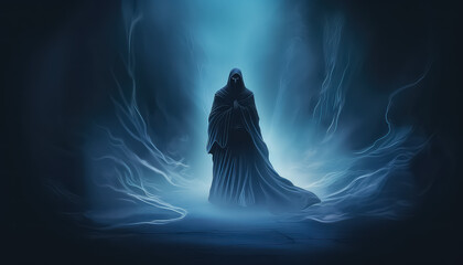 Wall Mural - dark ghost in black robe in a black tunnel, in the style of airbrush art.