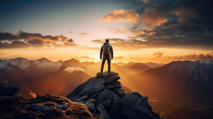 Wall Mural - Silhouette of a man on top of a mountain