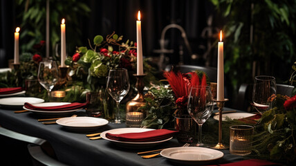 Wall Mural - Festive table setting with plates, candles and floral bouquet. Table set for banquet in luxury restaurant