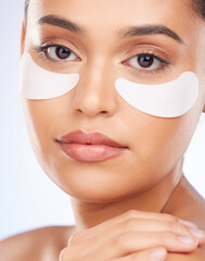 skincare, beauty and portrait of woman with collagen eye patch for anti aging or skin pad on white b
