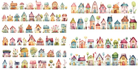 Wall Mural - watercolor style illustration of fairytale village full of mushroom houses, flowers and trees in strip long clipart isolated on white background, collection set, Generative Ai