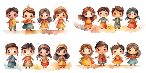 Wall Mural - painting style illustration of Indian kids boys and girls in traditional outfit, Generative Ai