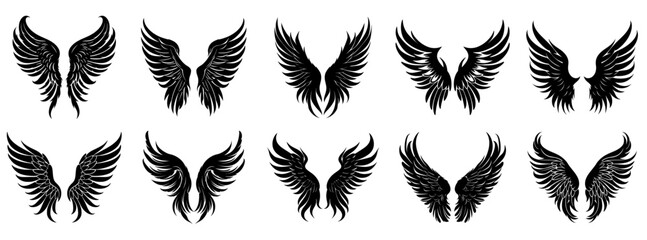 Wall Mural - wings icon. set of black icons of wings on white background.