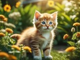 Fototapeta Koty - Beautiful cute baby kitten in a summer garden. Little kitten standing on flowers garden. Generative AI