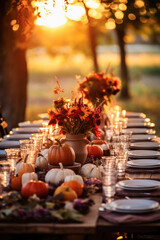 Autumn outdoor dinner table setting with flowers and pumpkins, vertical, fall harvest season, rustic, fete party, outside dining tablescape