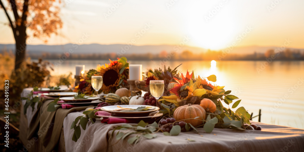 Autumn outdoor dinner table setting by lake shore with pumpkins, wide ...