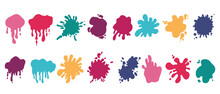 Paint Splash. Color Blot Different Forms, Liquid Splat, Dirty Splodge Or Splatter, Spot Patch, Frame For Text, Blotch And Abstract Smudge, Background Isolated Element. Vector Flat Cartoon Set