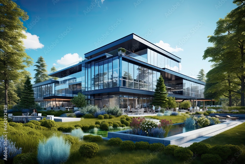 A modern glass building nestled in a lush green landscape created with ...