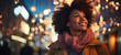 Afro american young woman walking at night in the street with christmas lights on background