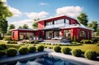A beautiful red house with a sparkling pool in the foreground created with Generative AI technology