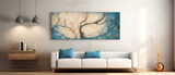 Fototapeta  - Mockup - obraz na ścianie w salonie. Wizualizacja wnętrza apartamentu. Biel i błękit. Render 3d