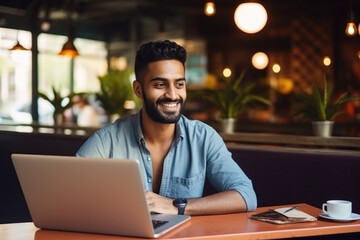 Wall Mural - Smiling handsome hipster Indian man sitting and working on his laptop in coffee shop