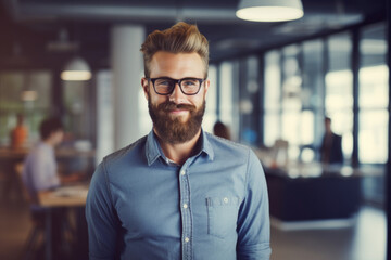 Wall Mural - Confident and smiling handsome hipster man standing in the office