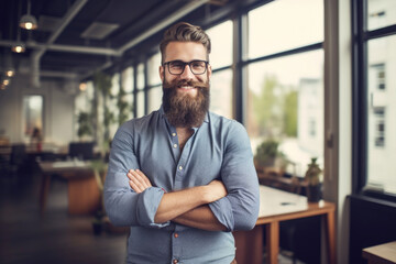 Wall Mural - Confident and smiling handsome hipster man standing in the office