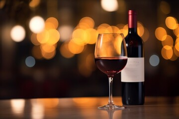 a bottle and a glass of red quality wine on a table in a restaurant 