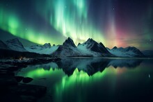 Aurora Borealis Shining Green Over Snowy Mountains In The Fiords Of Norway