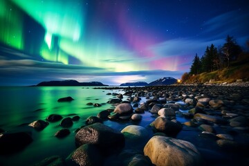 Wall Mural - aurora borealis shining green over snowy mountains in the fiords of Norway