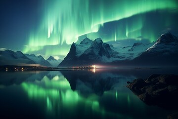 Wall Mural - aurora borealis shining green over snowy mountains in the fiords of Norway