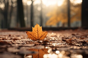 Wall Mural - forest ground full of fallen leaves in autumn under sunset light