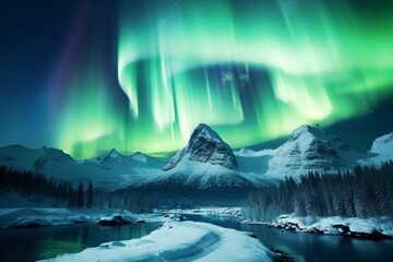 Wall Mural - aurora borealis shining green over snowy mountains in the fiords of Norway