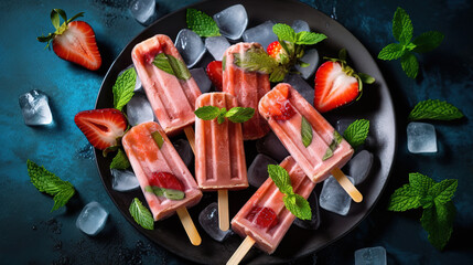 Wall Mural - Top view of yummy popsicles with mint and strawberries. Generative ai