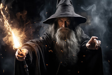 A man in a wizard costume conjuring dark forces with a magic wand