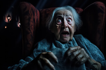 Wall Mural - Retired woman Watching a horror movie at night. She is very scared of this