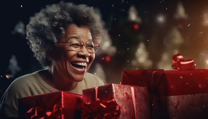 Cute mature afro american woman happy giving and receiving Christmas gifts