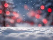 Winter Landscape Snow Covered Ground And Festive Lights On Trees Christmas Background With Copy Space