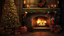 Christmas Tree With Stockings On Fireplace In A Living Room 