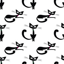 Seamless Pattern With Funny Cute Cats. Black Cats In Various Poses, Texture. Domestic Pets Isolated On White Background. Adorable Home Animals, Wallpaper Template