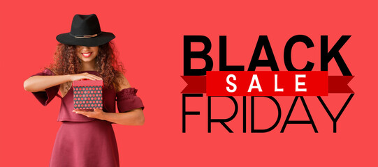 Sticker - Banner for Black Friday with beautiful young woman and gift