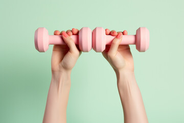 Two raised female hands holding cute little dumbbells. Fitness and workouts, building character for achievement and determination, that's a healthy lifestyle!