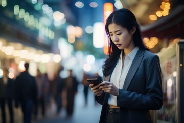 Wall Mural - Young Asian business woman using smart phone on city street at night evening